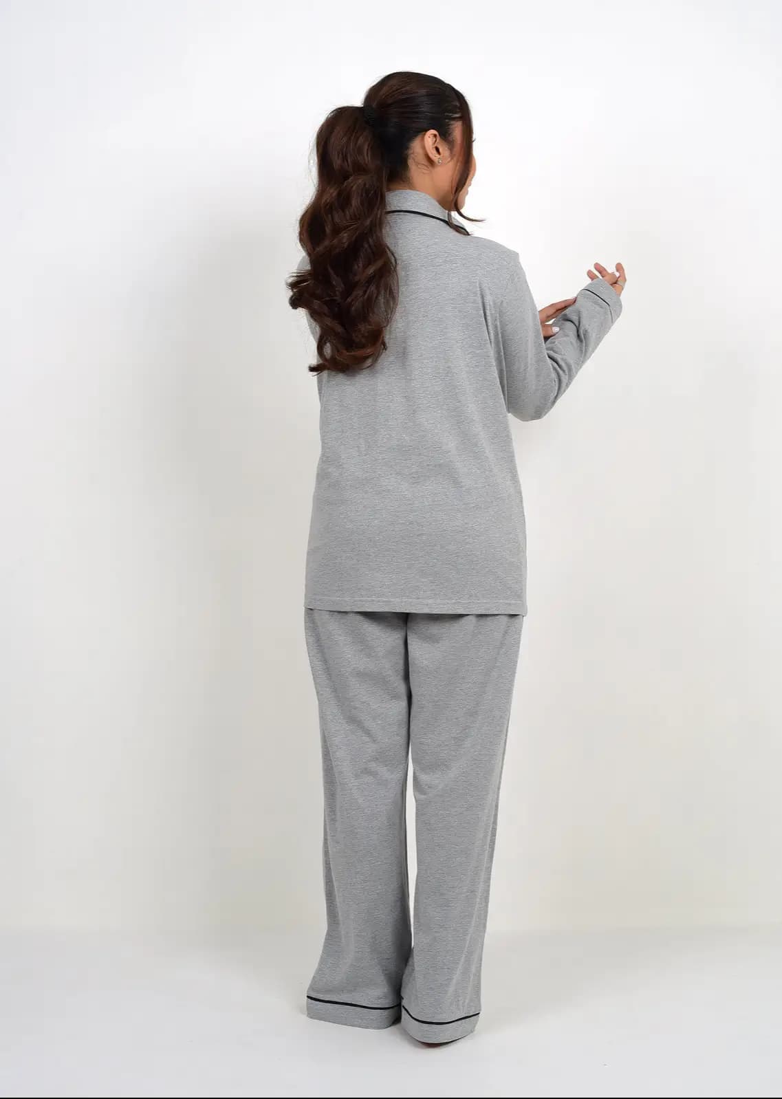 Zenith Long Sleeves Button Down Pajama Set for Women-GREY