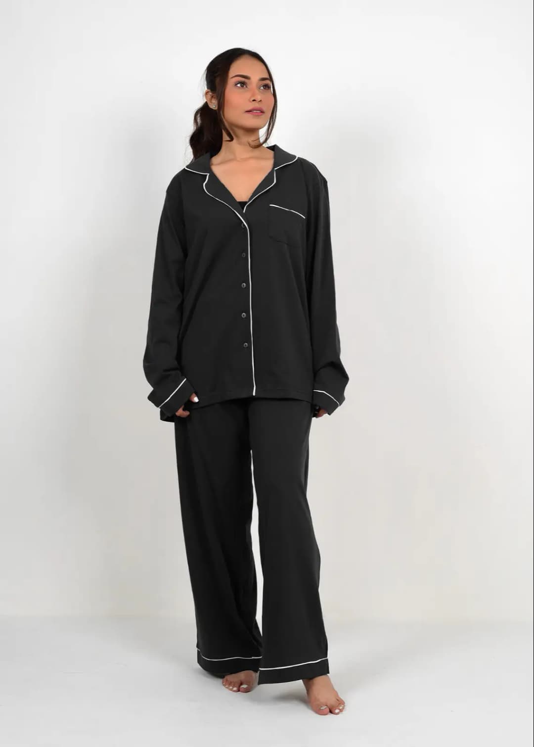 Zenith Long Sleeves Button Down Pajama Set for Women-BLACK