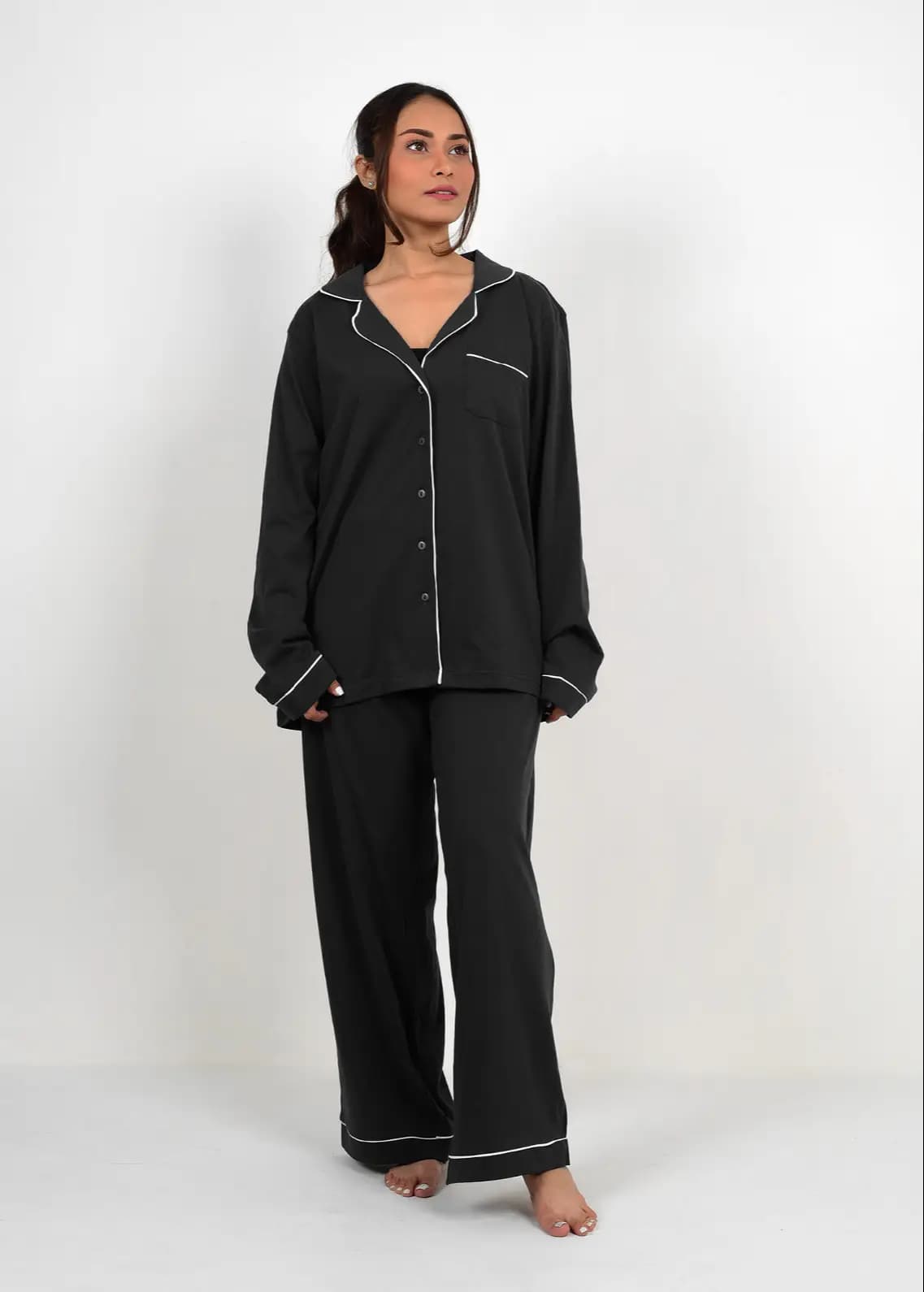 Zenith Long Sleeves Button Down Pajama Set for Women-BLACK