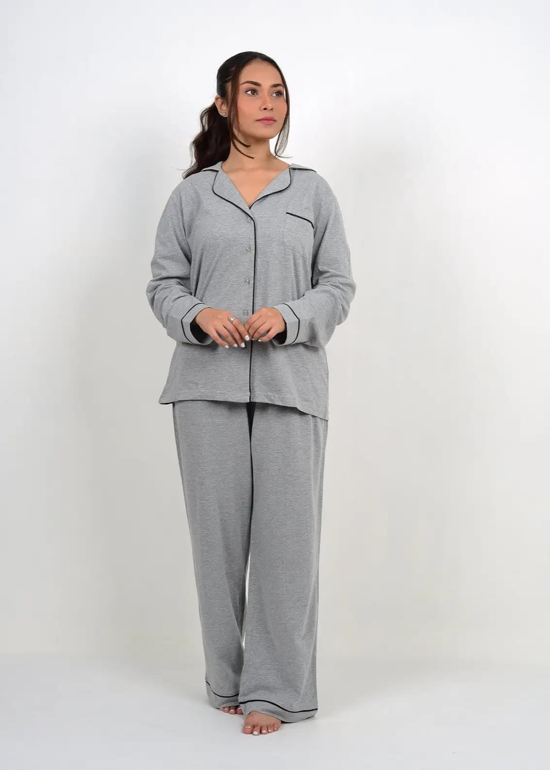 Zenith Long Sleeves Button Down Pajama Set for Women-GREY