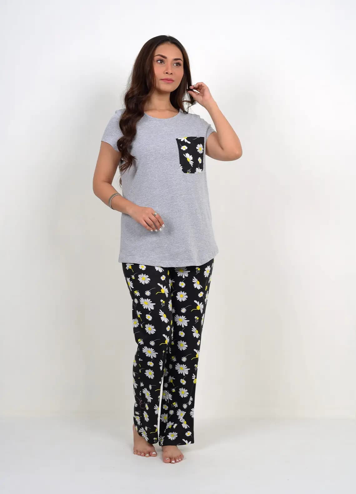 Grey Flower Print PJ Set