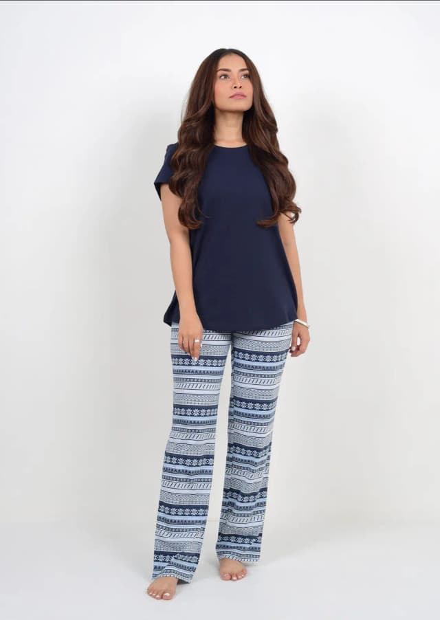 Dark Navy Stripes Print PJ Set