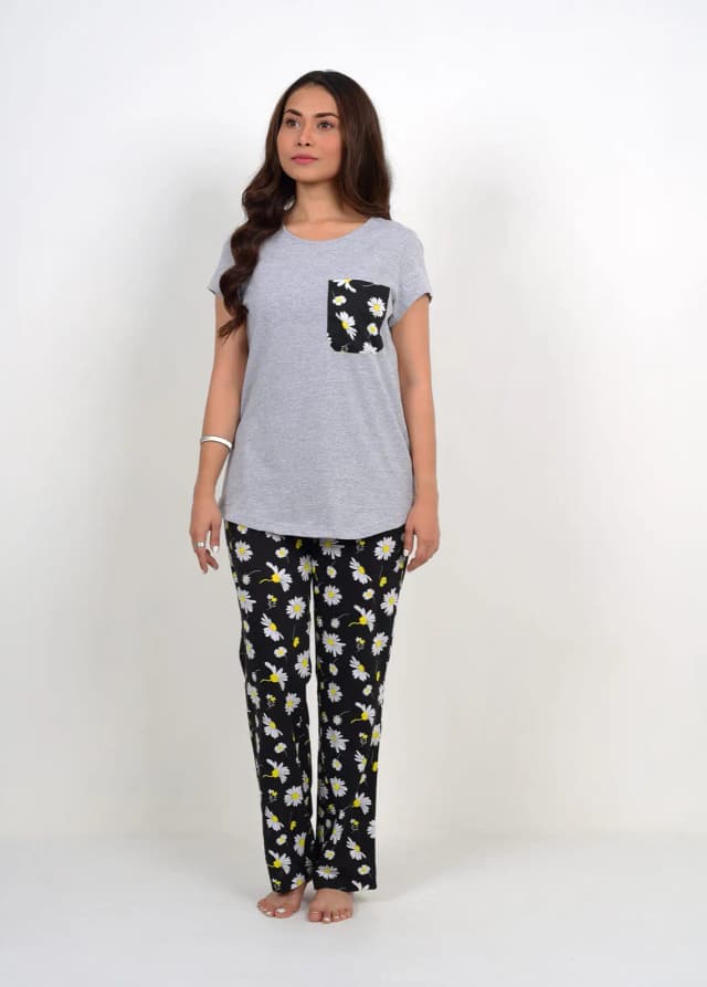Grey Flower Print PJ Set