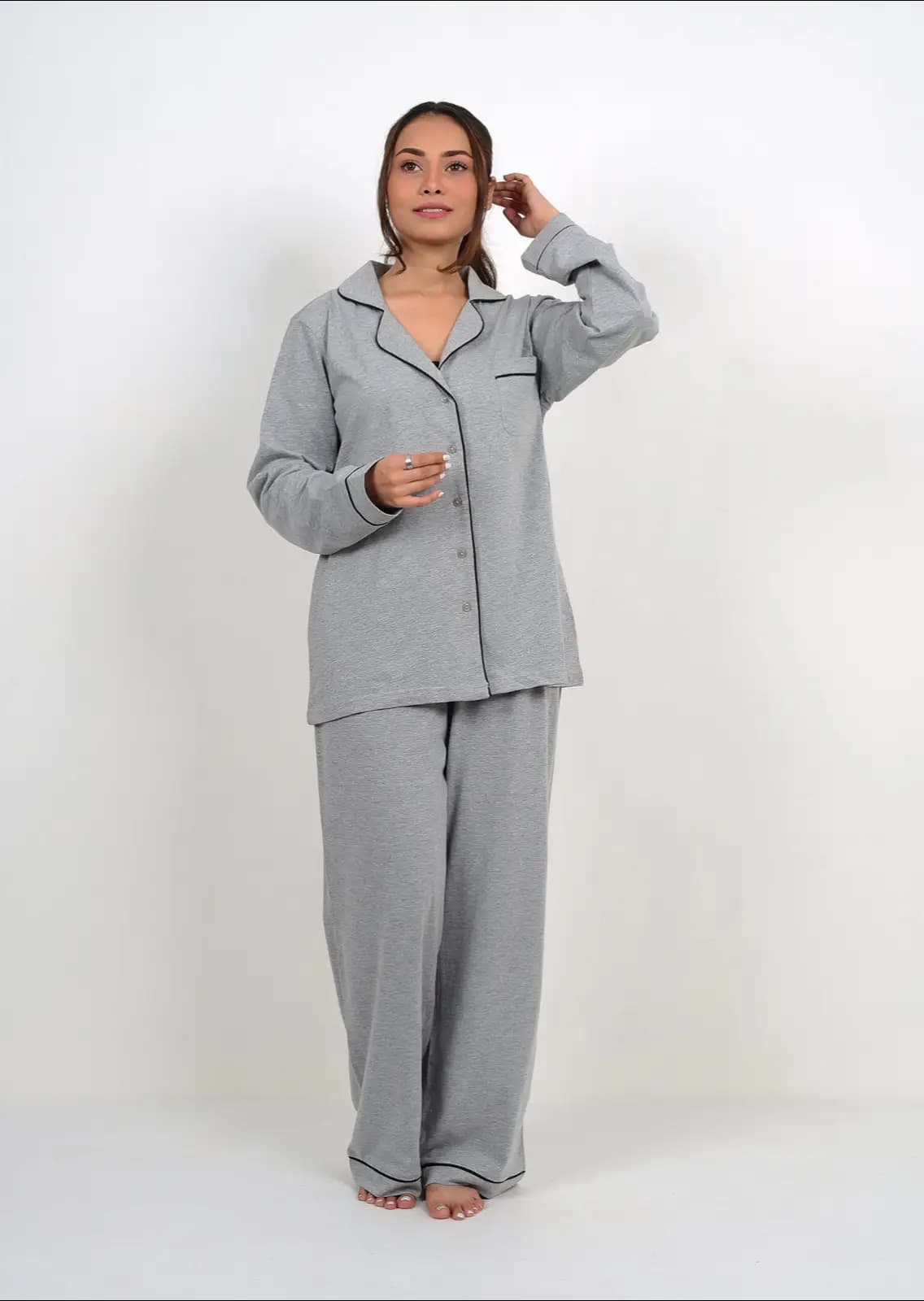 Zenith Long Sleeves Button Down Pajama Set for Women-GREY